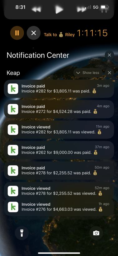 Seven Keap notifications in one afternoon: invoices for $3,805.11, $4,524.28, $9,000.00, $2,255.52 and $4,663.03 paid or viewed